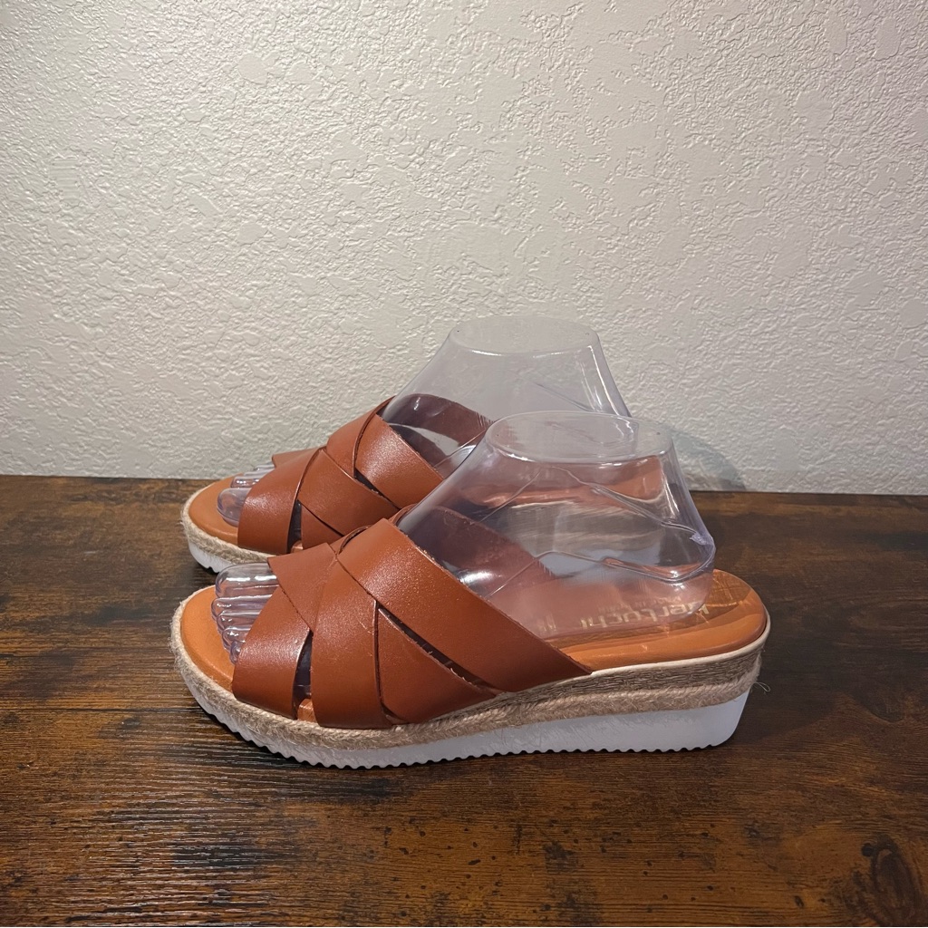 Bertuchi Brown Leather Multi-Band Wedge Slide Sandals